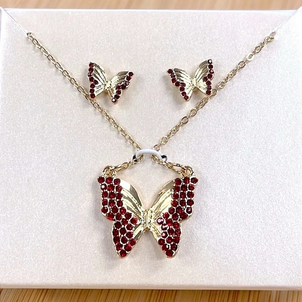 Brand New Butterfly Necklace & Post Earring Set Gold Tone Red Crystal Rhinestone